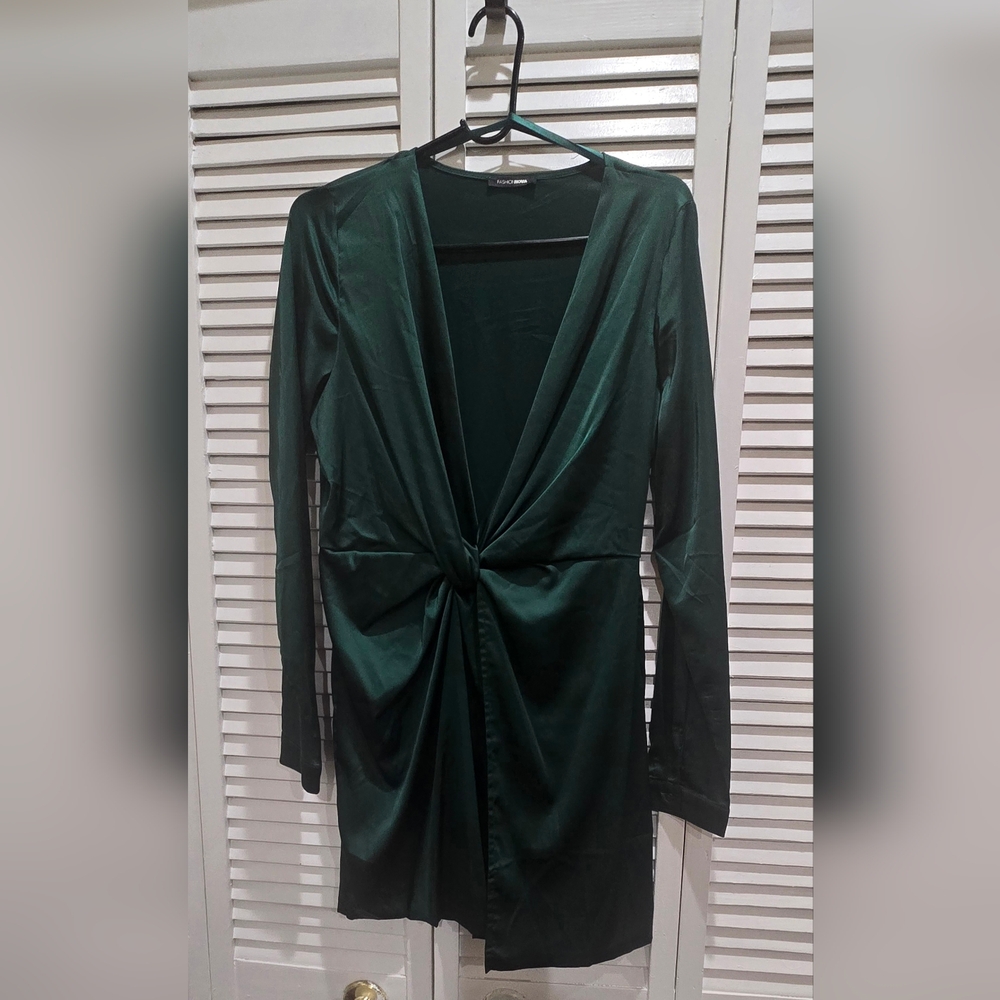 Sexy Shirt Satin Dress Green With Slit On The Front